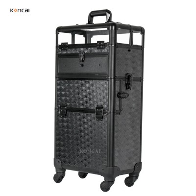 Customized Black PP Laminated Board Trolley Rolling Nail Makeup Case Aluminum Travel Tool Box